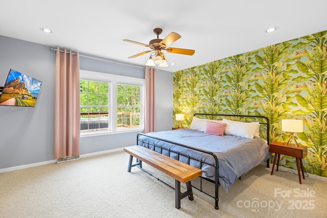 4120 Lake Shore Rd S, Denver, NC 28037 - carpeted bedroom with baseboards, recessed lighting, wallpapered walls, a ceiling fan, and an accent wall