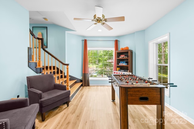 4120 Lake Shore Rd S, Denver, NC 28037 - rec room featuring wood finished floors, healthy amount of natural light, ceiling fan, baseboards, and recessed lighting
