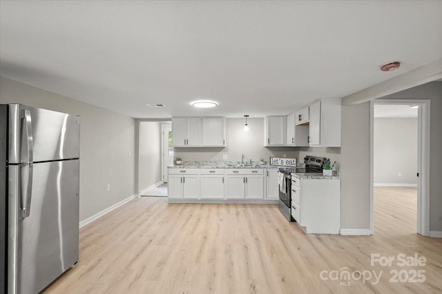 1746 2nd Street Pl SW, Hickory, NC 28602 - kitchen with appliances with stainless steel finishes, baseboards, white cabinetry, and light wood-style flooring