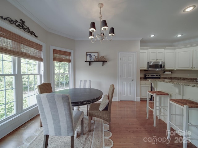 1508 Avalon Oaks Ct, Dallas, NC 28034 - dining space with a chandelier, crown molding, light wood finished floors, and recessed lighting