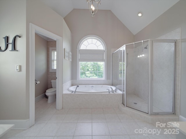 1508 Avalon Oaks Ct, Dallas, NC 28034 - bathroom with toilet, a shower stall, lofted ceiling, a bath, and tile patterned floors