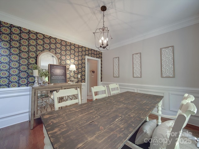 1508 Avalon Oaks Ct, Dallas, NC 28034 - dining space with a chandelier, ornamental molding, a wainscoted wall, dark wood-style flooring, and wallpapered walls