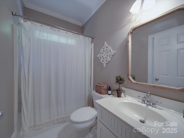 1508 Avalon Oaks Ct, Dallas, NC 28034 - bathroom with ornamental molding, toilet, vanity, a shower with curtain, and tile patterned floors