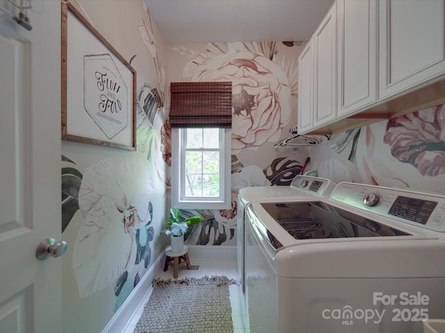 1508 Avalon Oaks Ct, Dallas, NC 28034 - clothes washing area with cabinet space, washer and dryer, and wallpapered walls