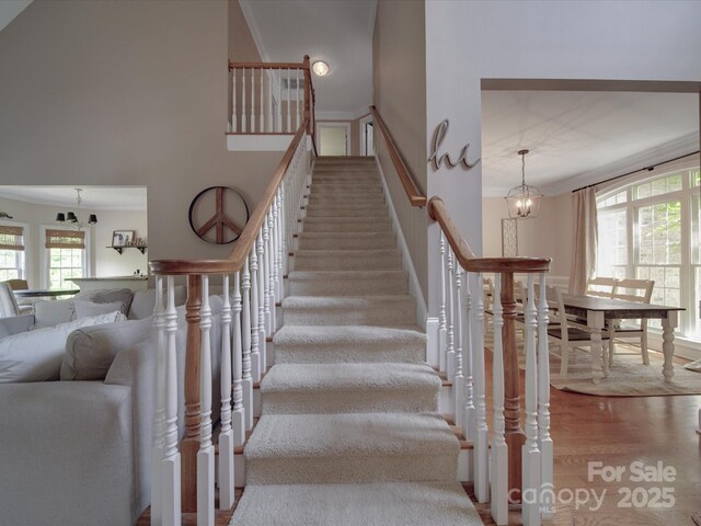 1508 Avalon Oaks Ct, Dallas, NC 28034 - staircase featuring wood finished floors, ornamental molding, a towering ceiling, and a chandelier