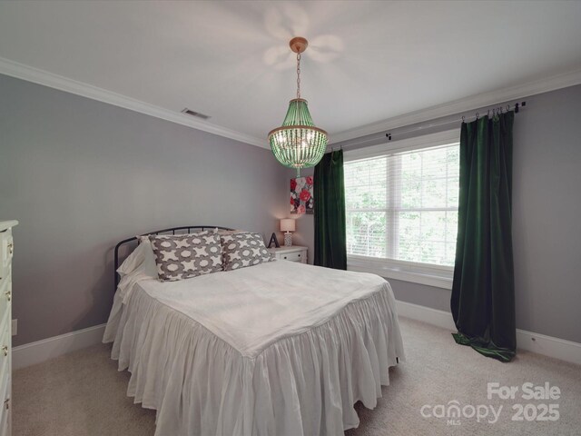 1508 Avalon Oaks Ct, Dallas, NC 28034 - bedroom featuring baseboards, ornamental molding, a chandelier, and light carpet