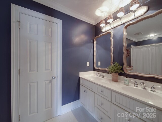 1508 Avalon Oaks Ct, Dallas, NC 28034 - bathroom featuring tile patterned floors, crown molding, double vanity, and baseboards