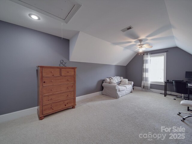 1508 Avalon Oaks Ct, Dallas, NC 28034 - office with attic access, lofted ceiling, carpet floors, a ceiling fan, and baseboards