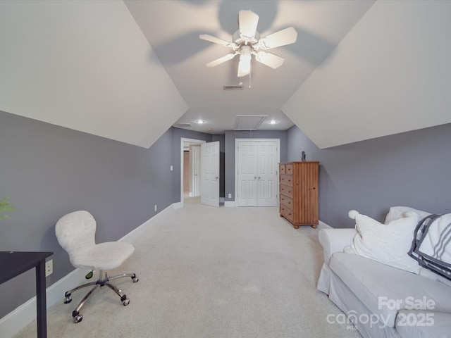 1508 Avalon Oaks Ct, Dallas, NC 28034 - bedroom featuring light colored carpet, lofted ceiling, attic access, a closet, and a ceiling fan