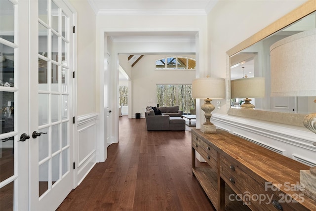 722 Clegg Farm Dr, York, SC 29745 - hall featuring dark wood-type flooring, ornamental molding, and french doors