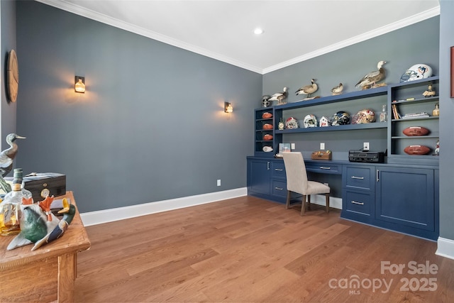 722 Clegg Farm Dr, York, SC 29745 - office featuring ornamental molding, light wood-type flooring, built in desk, baseboards, and recessed lighting