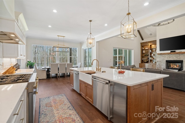 722 Clegg Farm Dr, York, SC 29745 - kitchen featuring stainless steel appliances, custom range hood, a sink, a brick fireplace, and light countertops