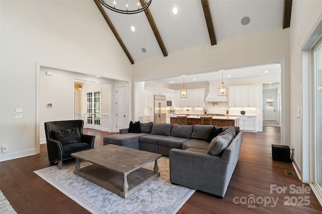 722 Clegg Farm Dr, York, SC 29745 - living room with high vaulted ceiling, beamed ceiling, dark wood-style floors, baseboards, and recessed lighting