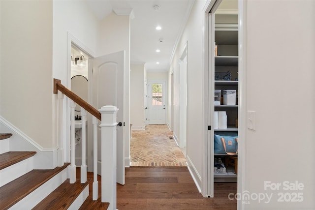 722 Clegg Farm Dr, York, SC 29745 - corridor featuring wood finished floors, crown molding, recessed lighting, and stairs