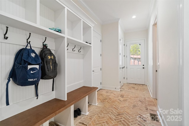 722 Clegg Farm Dr, York, SC 29745 - mudroom with brick floors, ornamental molding, baseboards, and recessed lighting