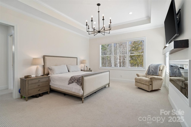 722 Clegg Farm Dr, York, SC 29745 - bedroom with carpet floors, a tray ceiling, ornamental molding, a chandelier, and baseboards