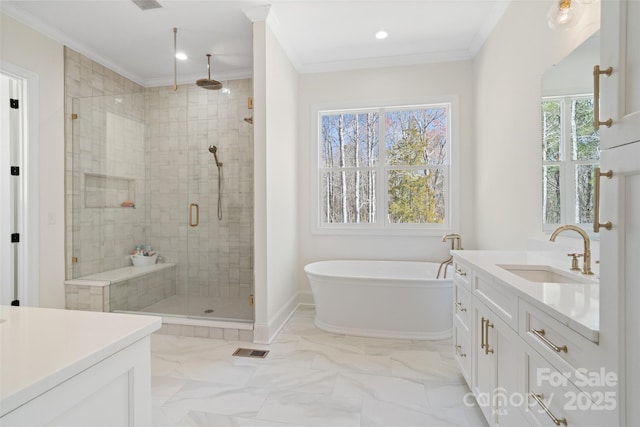 722 Clegg Farm Dr, York, SC 29745 - bathroom with a stall shower, vanity, crown molding, a soaking tub, and baseboards