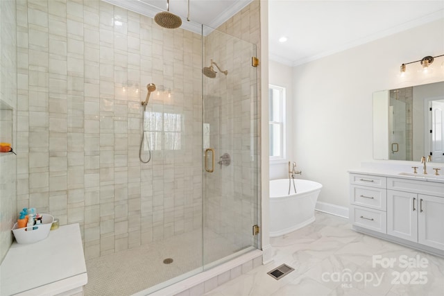 722 Clegg Farm Dr, York, SC 29745 - bathroom with ornamental molding, a stall shower, a soaking tub, vanity, and marble finish floors