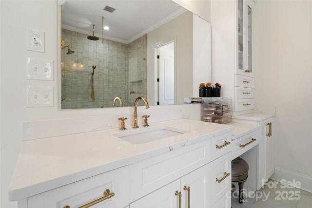 722 Clegg Farm Dr, York, SC 29745 - bathroom featuring a shower stall, crown molding, vanity, tile patterned flooring, and baseboards