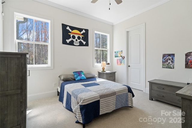 722 Clegg Farm Dr, York, SC 29745 - bedroom with light carpet, ornamental molding, baseboards, and ceiling fan