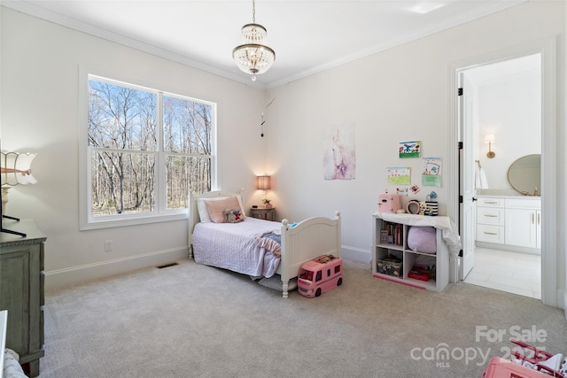 722 Clegg Farm Dr, York, SC 29745 - carpeted bedroom featuring a chandelier, ornamental molding, baseboards, and connected bathroom