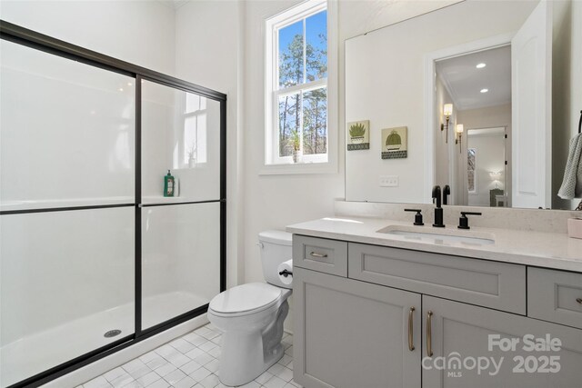 722 Clegg Farm Dr, York, SC 29745 - bathroom with a shower stall, toilet, vanity, tile patterned flooring, and recessed lighting