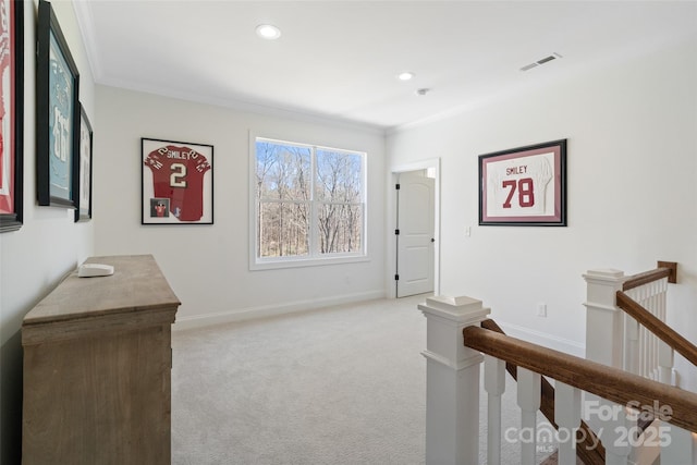 722 Clegg Farm Dr, York, SC 29745 - corridor with an upstairs landing, light carpet, crown molding, recessed lighting, and baseboards