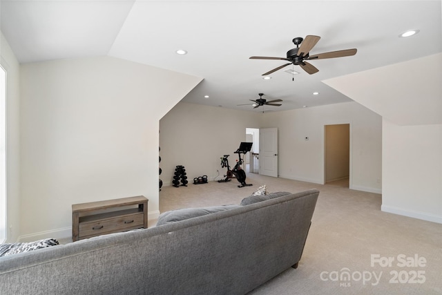 722 Clegg Farm Dr, York, SC 29745 - living room featuring light colored carpet, a ceiling fan, recessed lighting, and baseboards