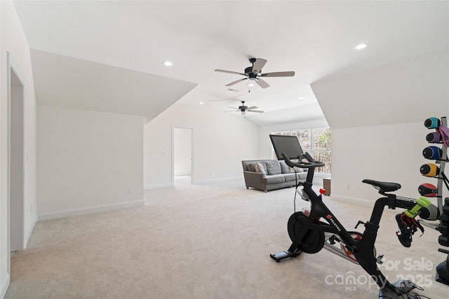 722 Clegg Farm Dr, York, SC 29745 - exercise room with vaulted ceiling, recessed lighting, light carpet, baseboards, and ceiling fan