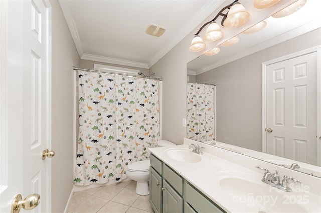 1147 Anduin Falls Dr, Charlotte, NC 28269 - full bathroom featuring toilet, double vanity, tile patterned floors, crown molding, and curtained shower