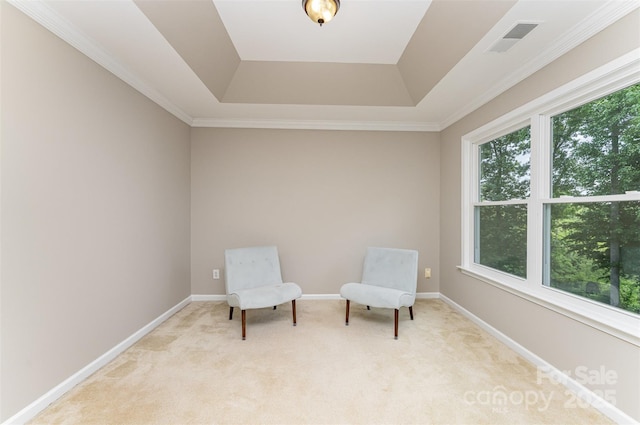 1147 Anduin Falls Dr, Charlotte, NC 28269 - sitting room with a tray ceiling, light colored carpet, baseboards, and ornamental molding