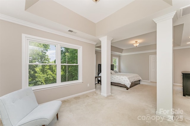 1147 Anduin Falls Dr, Charlotte, NC 28269 - bedroom with decorative columns, baseboards, light colored carpet, crown molding, and a tray ceiling