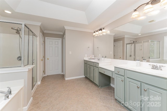 1147 Anduin Falls Dr, Charlotte, NC 28269 - full bathroom featuring a shower stall, double vanity, a bath, a raised ceiling, and recessed lighting