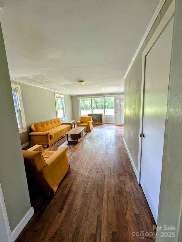 living room with hardwood / wood-style flooring, baseboards, and crown molding