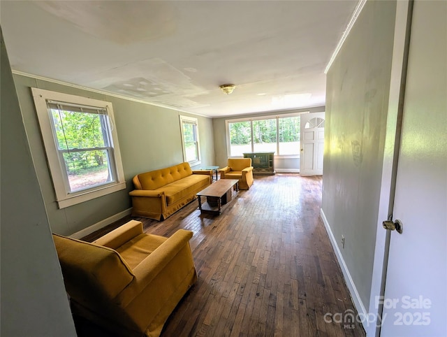 living area featuring dark wood-style floors, plenty of natural light, baseboards, and crown molding