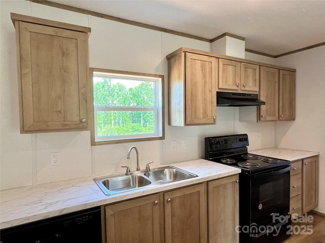 kitchen featuring black appliances, a sink, under cabinet range hood, crown molding, and light brown cabinetry