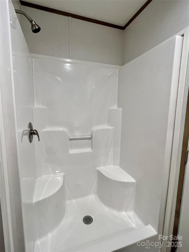 bathroom with a shower and crown molding
