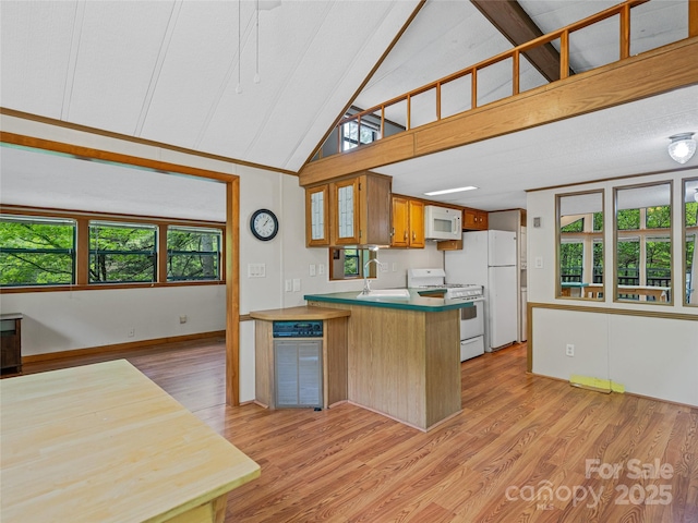 kitchen featuring white appliances, a sink, light wood-style flooring, brown cabinetry, and healthy amount of natural light