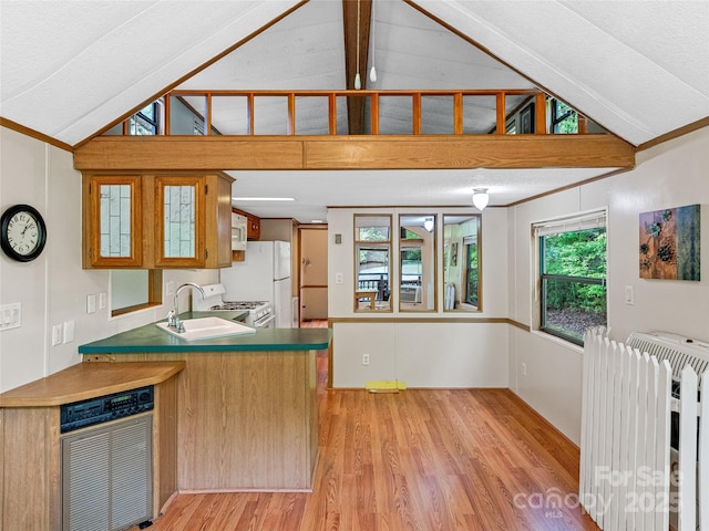 kitchen featuring radiator, light wood-style flooring, a sink, white gas range oven, and a peninsula