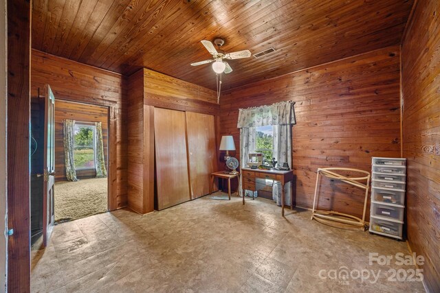 18070 Old Beatty Ford Rd, Gold Hill, NC 28071 - home office with wooden walls, wooden ceiling, and ceiling fan