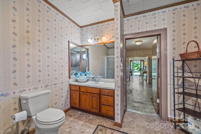 18070 Old Beatty Ford Rd, Gold Hill, NC 28071 - full bath featuring ornamental molding, wallpapered walls, a stall shower, toilet, and vanity