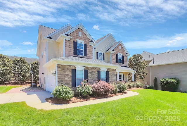 1618 Bay Meadows Ave NW, Concord, NC 28027 - craftsman house with stone siding, a front yard, concrete driveway, an attached garage, and cooling unit