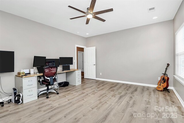 1618 Bay Meadows Ave NW, Concord, NC 28027 - office with a ceiling fan, light wood-type flooring, baseboards, and recessed lighting