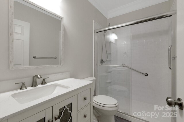 6718 Heritage Orchard Way, Huntersville, NC 28078 - full bathroom featuring toilet, a stall shower, vanity, and crown molding