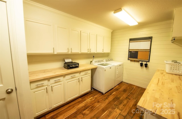 571 Ivy Ridge Cir, Sylva, NC 28779 - clothes washing area with cabinet space, independent washer and dryer, dark wood-style flooring, and wooden walls