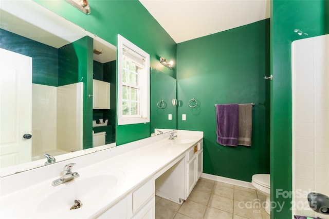 123 Singleton Rd, Mooresville, NC 28117 - full bath featuring toilet, tile patterned floors, double vanity, baseboards, and a shower