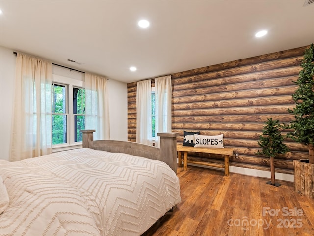 62 Blair Athel Pt, Waynesville, NC 28786 - bedroom featuring rustic walls, hardwood / wood-style flooring, and recessed lighting