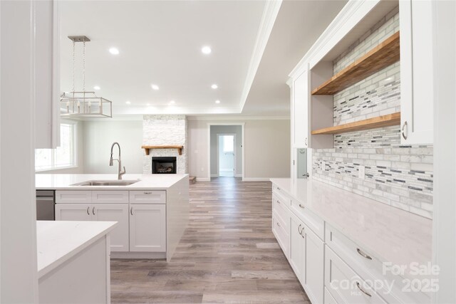 4531 Deer Run, Rock Hill, SC 29732 - kitchen featuring a sink, open shelves, decorative backsplash, light countertops, and crown molding