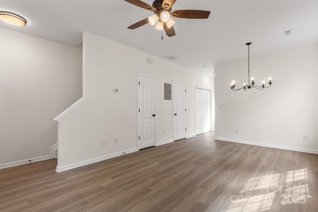 5529 Seths Dr, Charlotte, NC 28269 - unfurnished room with a chandelier, a ceiling fan, wood finished floors, and baseboards