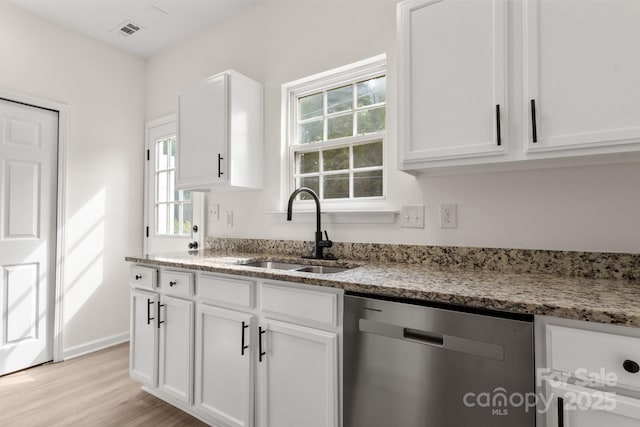 5529 Seths Dr, Charlotte, NC 28269 - kitchen featuring dishwasher, a sink, light stone countertops, and white cabinetry